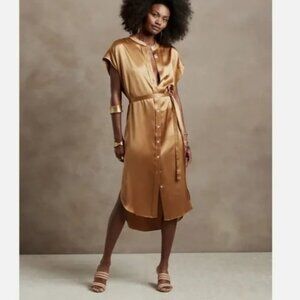 New BANANA REPUBLIC Serenade Gold Silk Shirtdress Vintage Tan S MSRP $250